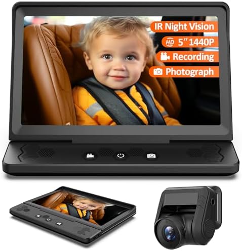 ZGZUXO Baby Car Camera HD 1440P Recording, 5” Baby Car Monitor with Full-Color Night Vision Camera, Infant Safety Baby Car Mirror Rear Facing for Backseat with Wide Clear View, Easy Installation
